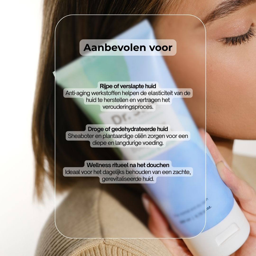Vrouw houdt crèmetube vast. Opschrift: Dr. SEA, Anti-Aging Body Cream, Avocado & Mango. Aanbevolen voor rijpere of verslapte huid.