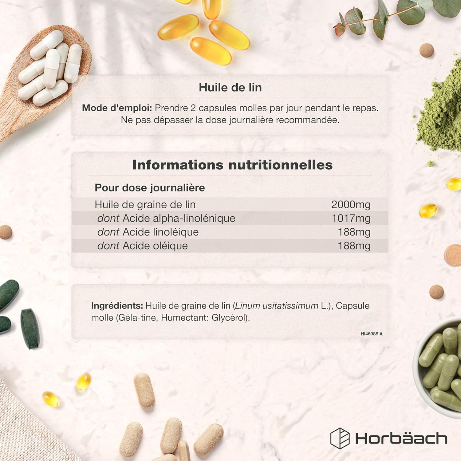 Gélules d'huile de lin avec informations nutritionnelles et ingrédients.