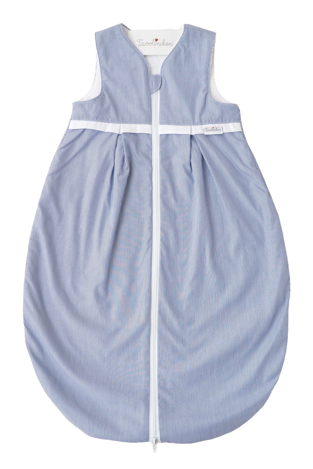 Blauw-wit gestreepte slaapzak, ritssluiting, witte band, logo. Ovale vorm.