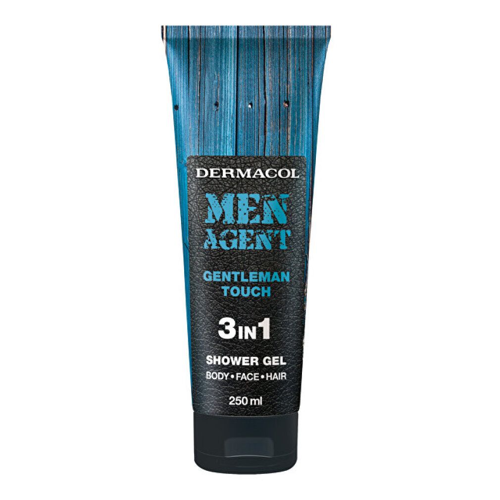 Tube de gel douche avec motif bois bleu. Inscription "Dermacol Men Agent Gentleman Touch 3en1 Shower Gel".