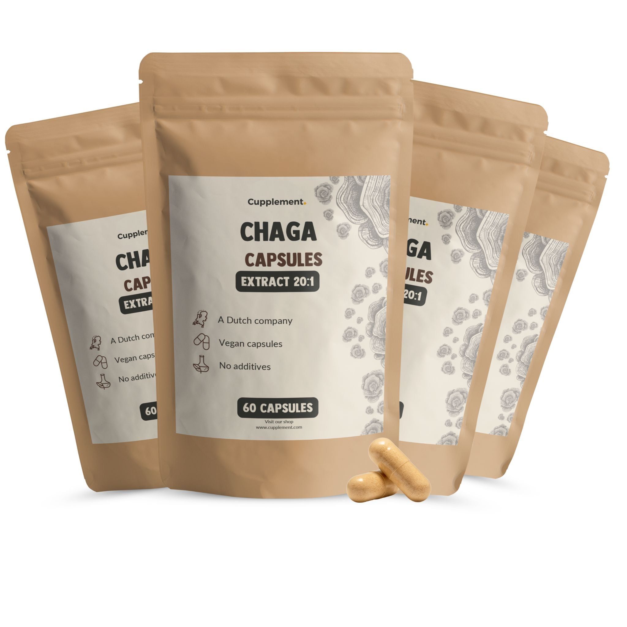 Plusieurs sachets de gélules de chaga. Inscription : Cupplement, Chaga Capsules, Extract 20:1, 60 gélules. Gélules à côté.