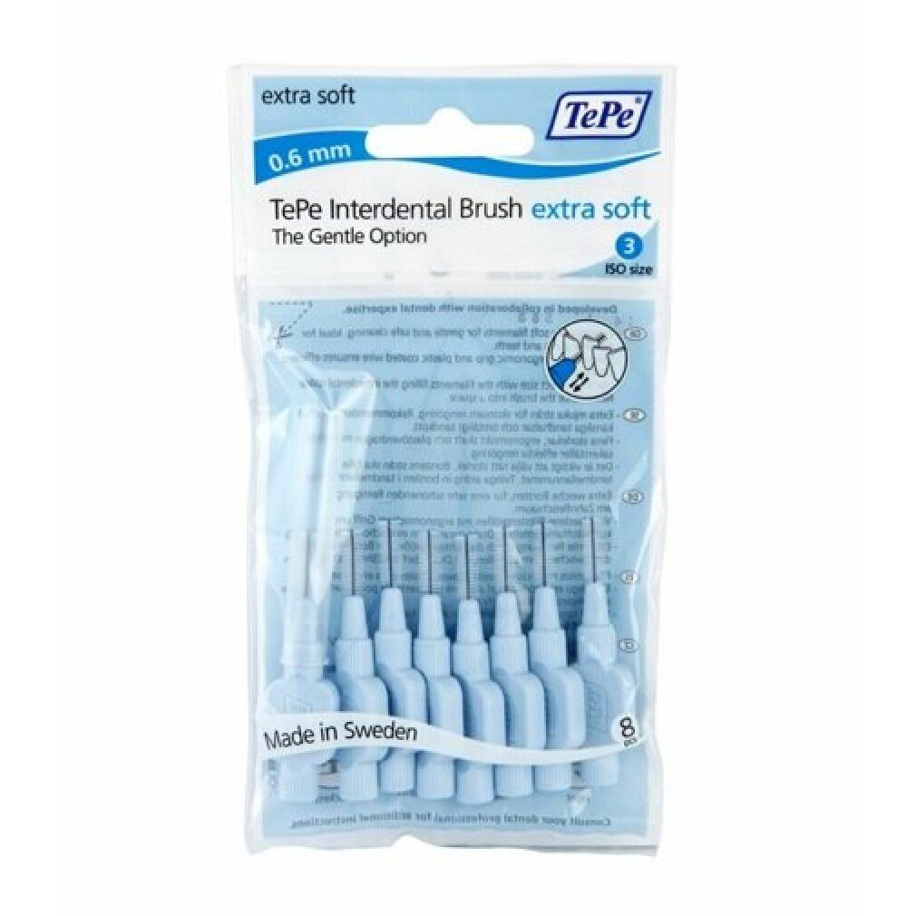 Verpakking met blauwe TePe interdentale borstels. Extra Soft, 0,6 mm, 8 stuks. Opschrift: The Gentle Option.