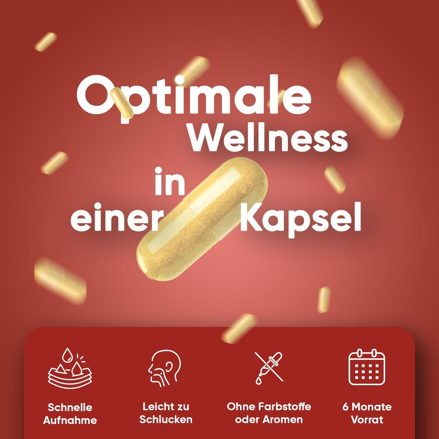 Capsule in de lucht. Tekst: Optimale wellness in een capsule. Symbolen: Snelle opname, gemakkelijk te slikken, zonder kleur- of smaakstoffen, 6 maanden voorraad.