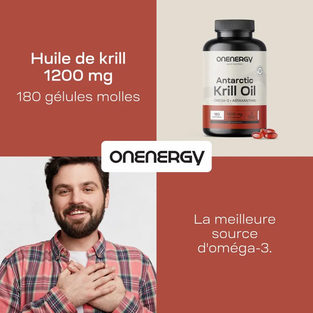 Image du produit et homme. Texte: Huile de krill 1200 mg, 180 gélules molles. La meilleure source d'oméga-3.