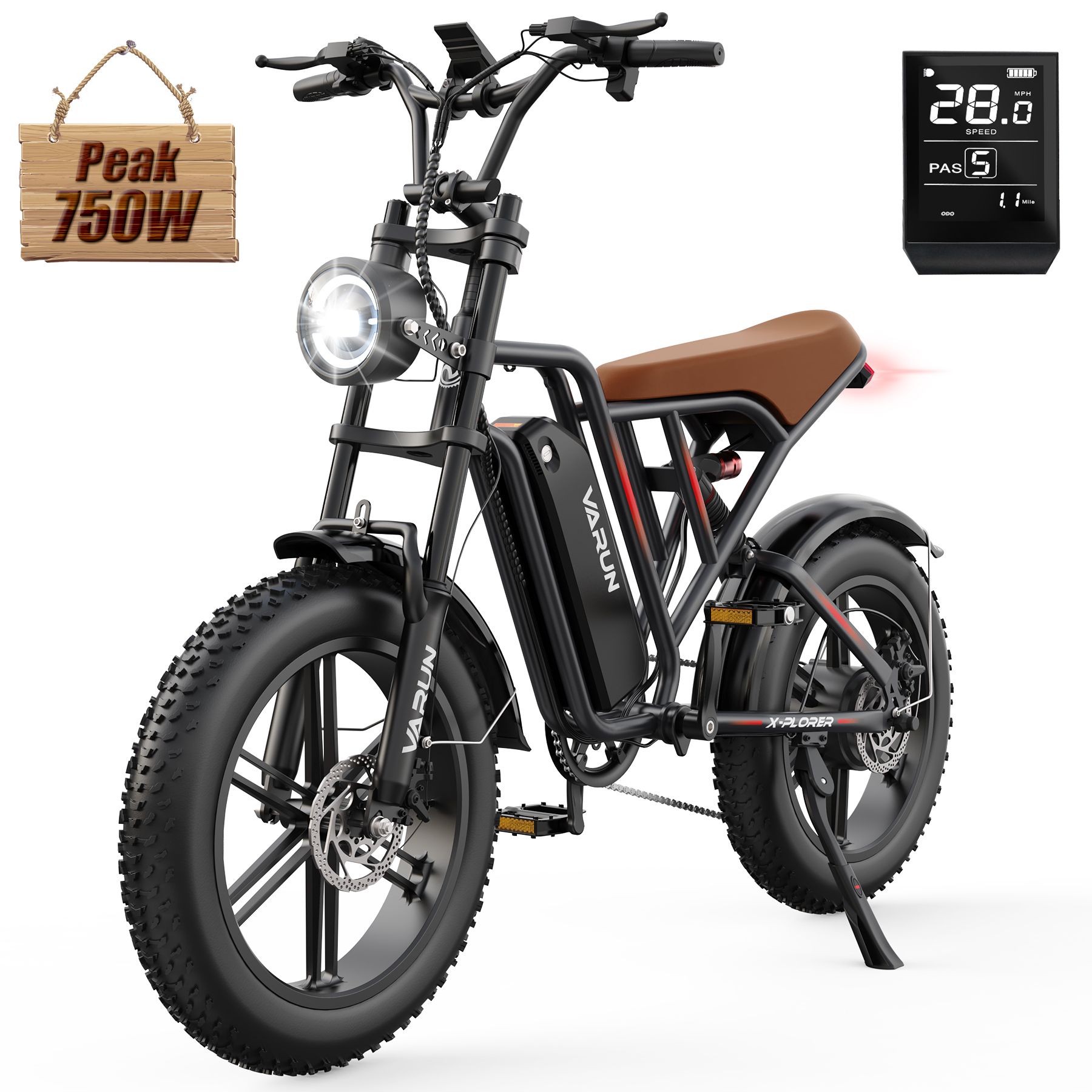 VARUN X-Plorer e-bike in bromfietsstijl, bruin zadel, koplamp en digitaal display. Houten bord: Peak 750W.