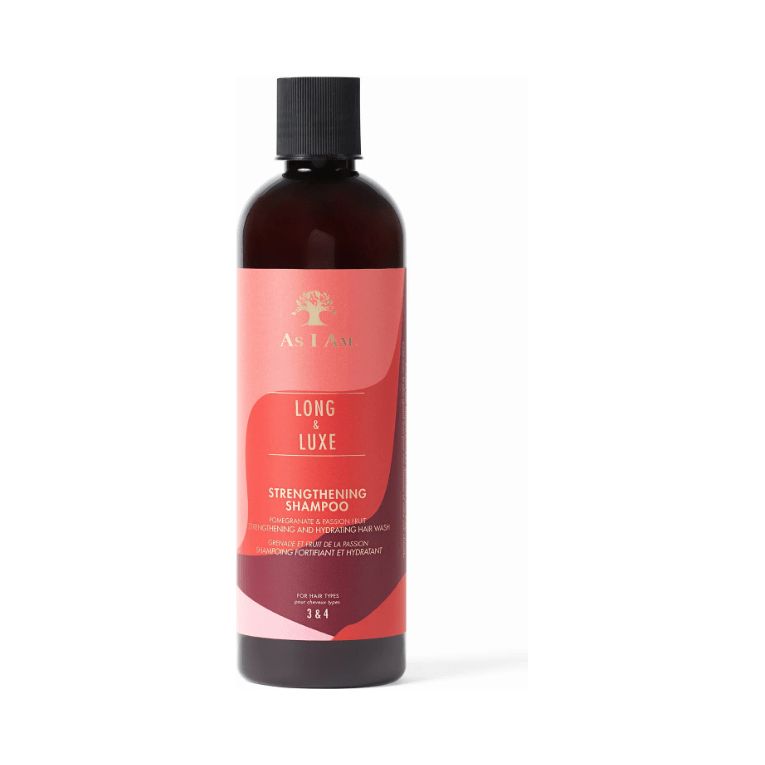 Flacon de shampooing marron avec bouchon noir. Inscription : Long & Luxe, Strengthening Shampoo. Marque : As I Am.