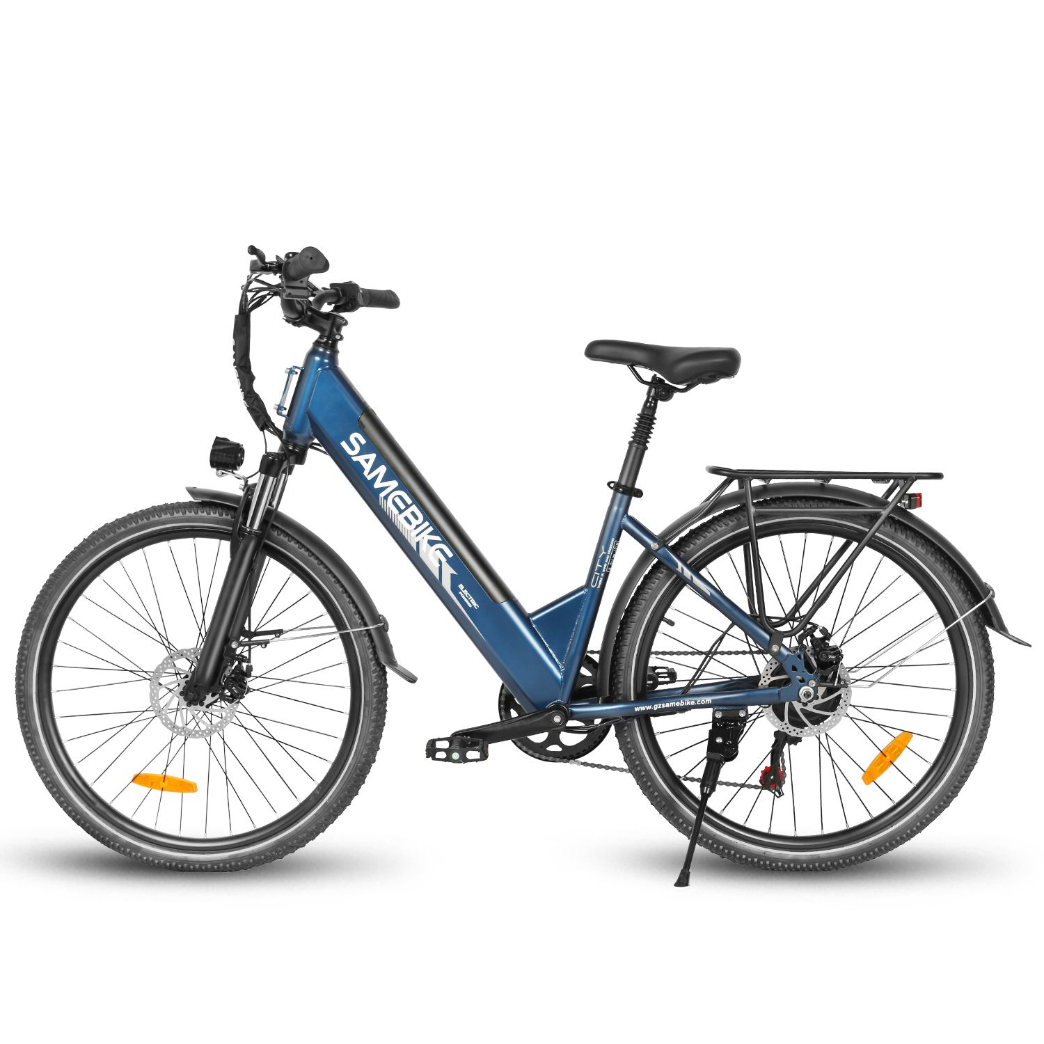 Blauwe e-bike. Merk SAMEBIKE. Zwarte banden, spatborden, bagagedrager. Koplamp en achterlicht.