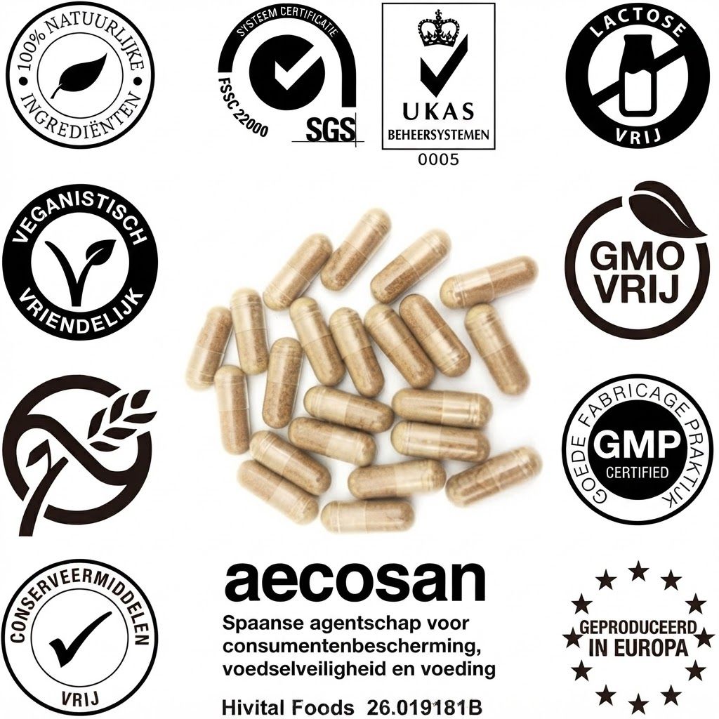 Meerdere capsules met certificeringslogo's: 100% natuurlijke ingrediënten, veganistisch, lactosevrij, GMO-vrij, GMP, conserveermiddelvrij, geproduceerd in Europa.