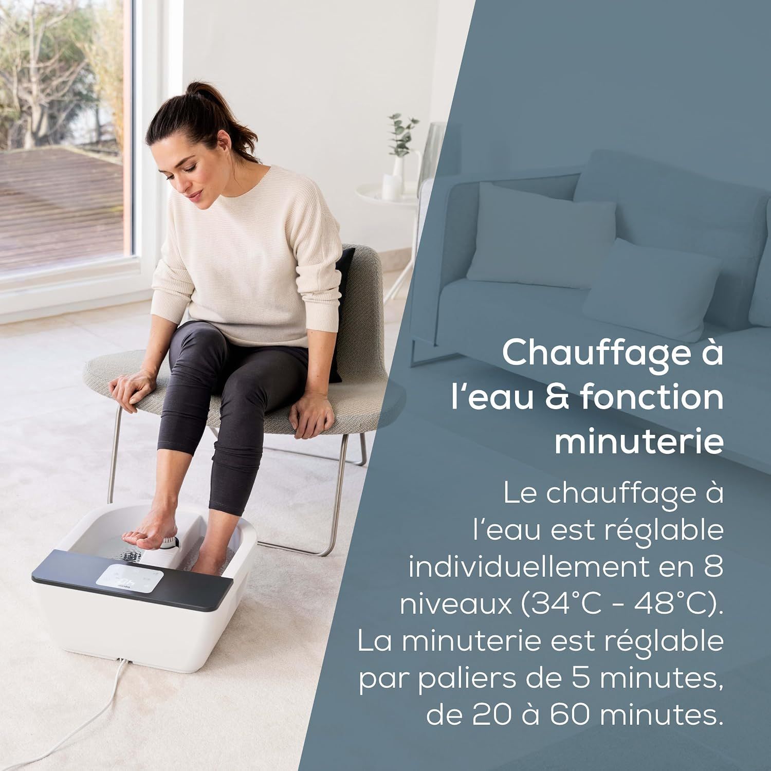 Femme utilisant le bain de pieds Beurer FB 60 avec température réglable.