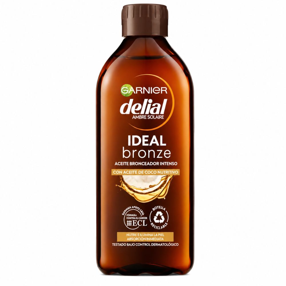 Garnier Delial Ambre Solaire Ideal Bronze huile bronzante dans une bouteille brune avec un bouchon brun.
