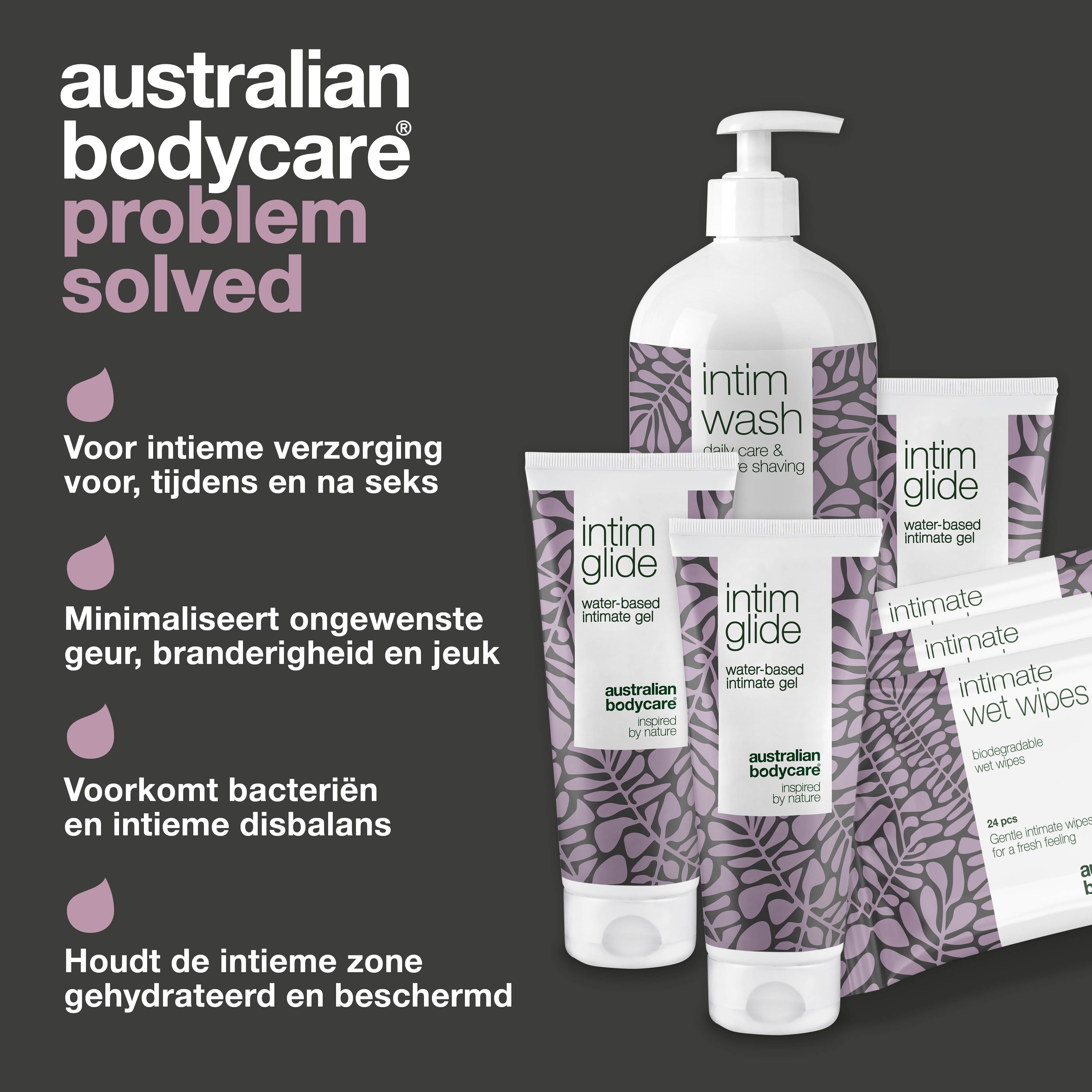 Set intieme verzorgingsproducten. Producten Intim Wash, Glide, Wet Wipes. Tekst: Probleem opgelost.
