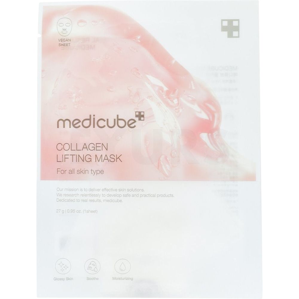 Verpakking van MEDICUBE Collagen Lifting Mask. Witte folie met productnaam en logo. Roze product zichtbaar door de verpakking.