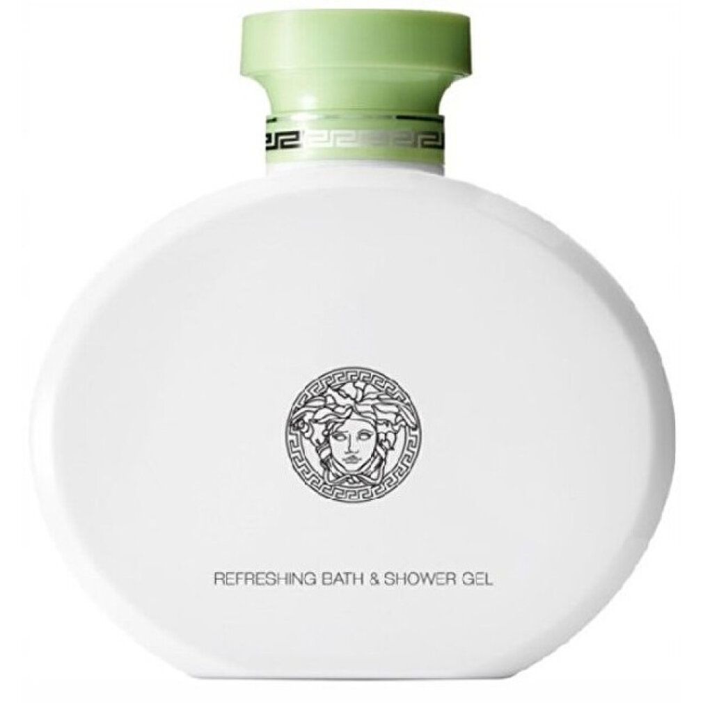 Witte, ovale fles met groene dop. Tekst "Refreshing Bath & Shower Gel" onderaan. Versace-logo in het midden.