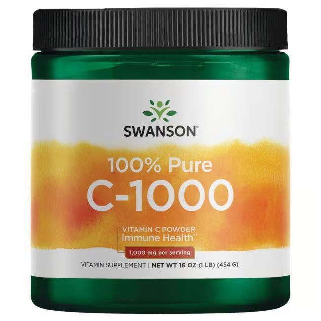 Pot vert avec couvercle noir. Étiquette avec "SWANSON", "100% Pure C-1000" et "Vitamin C Powder Immune Health".