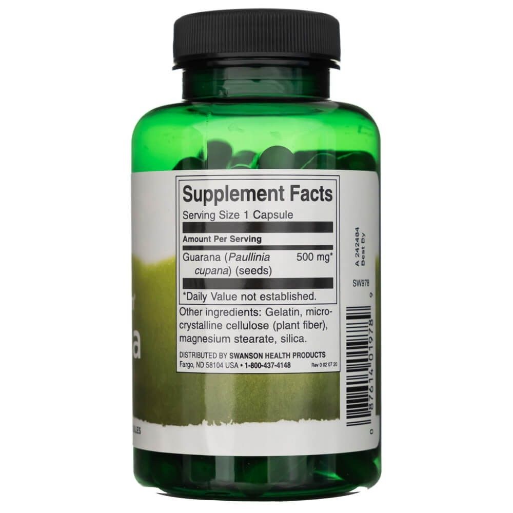 Arrière d'une bouteille SWANSON Guarana, informations nutritionnelles, 500 mg de guarana par capsule.