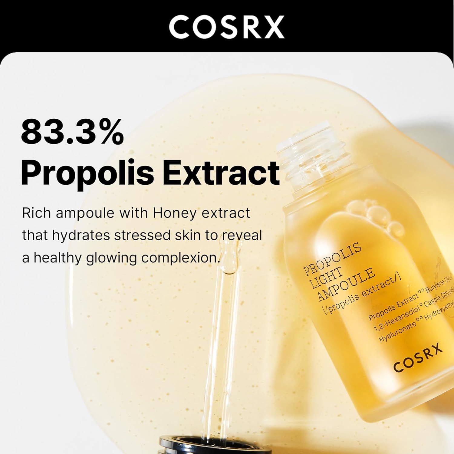 Ampoule Propolis Légère COSRX avec 83,3% d'extrait de propolis, hydrate la peau stressée pour un teint sain et éclatant.