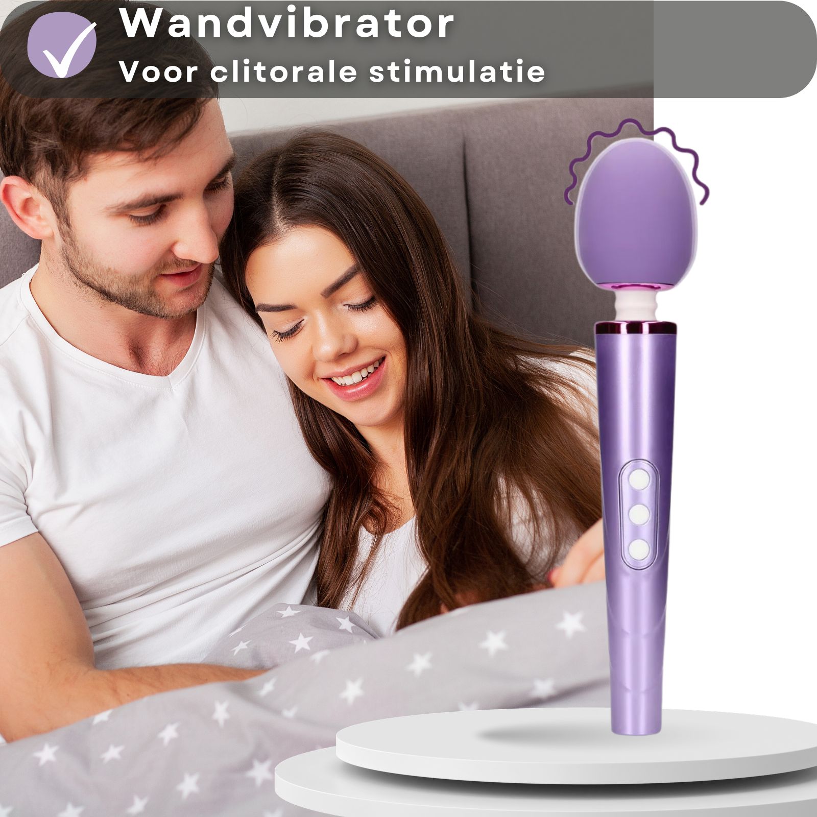 Lila wandvibrator. Tekst: Voor clitorale stimulatie. Koppel in bed.