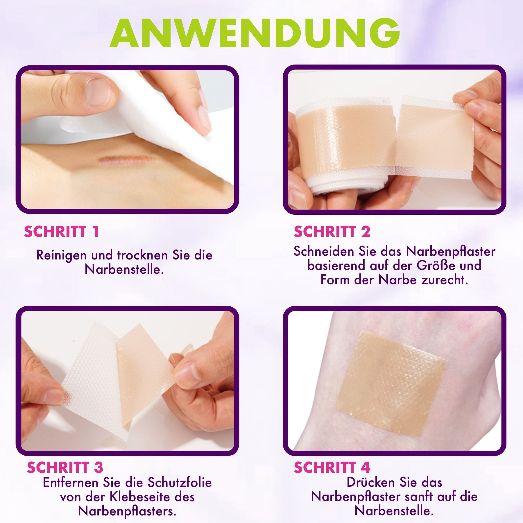 Toepassingsvoorbeelden: reinigen, knippen, beschermfolie verwijderen, siliconenpleister op litteken plakken.