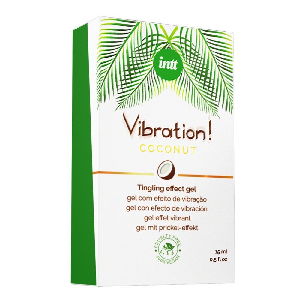 Verpakking. Witte doos met groen logo en tekst. Opschrift: Vibration! Coconut. Productnaam: Tingling effect gel. 15 ml. Cruelty free.