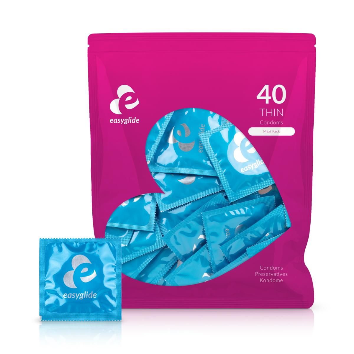 Roze verpakking in hartvorm, gevuld met blauwe condooms. Een enkel condoom ernaast. Opdruk: '40 Thin'.