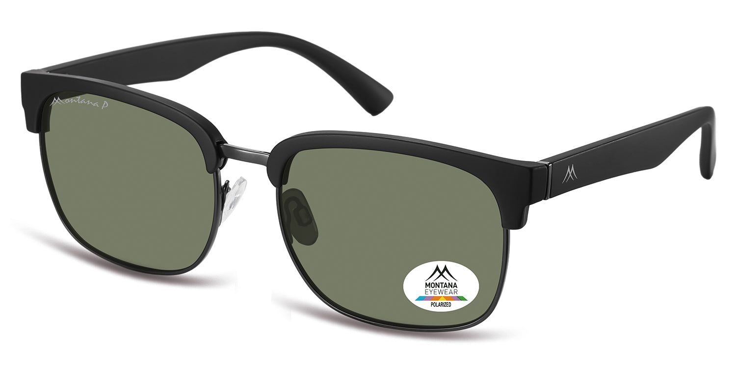 Lunettes de soleil noires et verres verts. Logo Montana Eyewear sur la branche et la lentille. Forme carrée.