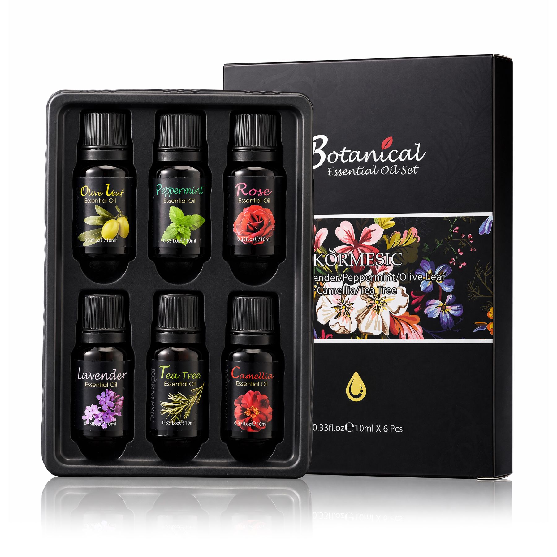 Six petites bouteilles d'huile essentielle dans un coffret noir : Feuille d'olivier, Menthe poivrée, Rose, Lavande, Arbre à thé, Camélia.