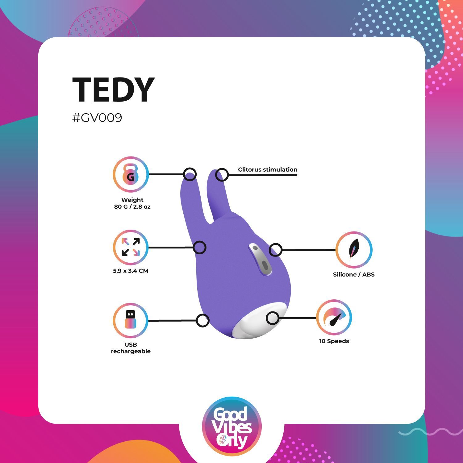 Infographie : vibrateur en forme de lapin. Affiche dimensions, poids, matériau, vitesse et fonction de charge.
