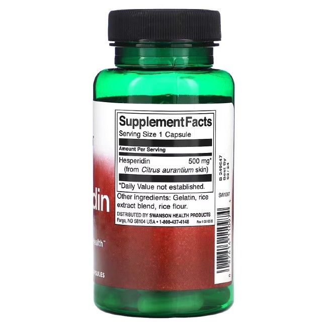 Vue arrière d'un flacon vert avec bouchon noir. Étiquette avec informations nutritionnelles : Hespéridine 500 mg.