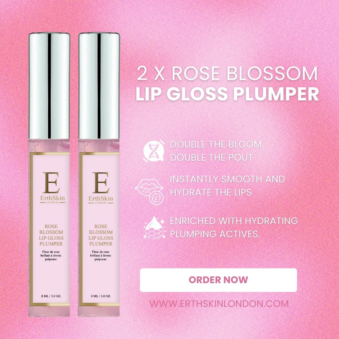 Twee lipgloss tubes naast tekst. Tekst: "2 x Rose Blossom Lip Gloss Plumper", "Double the Bloom, Double the Pout".