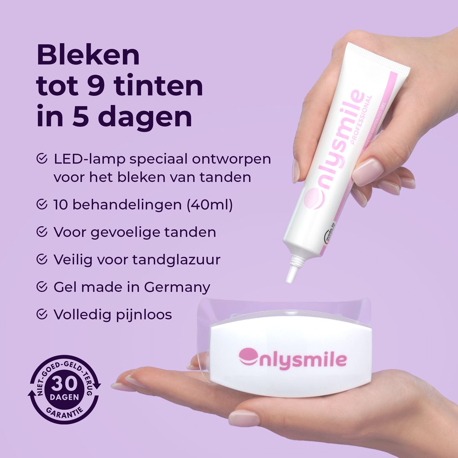 Set met gel en LED-lamp. Gel made in Germany. Hand houdt productonderdelen vast.
