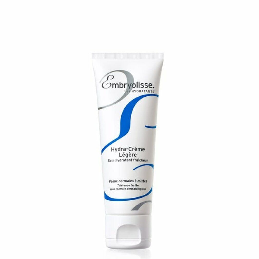 Witte tube met blauw en grijs design. Tekst: Embryolisse, Hydra-Crème Légère, Soin hydratant fraîcheur. Voor normale tot gemengde huid.
