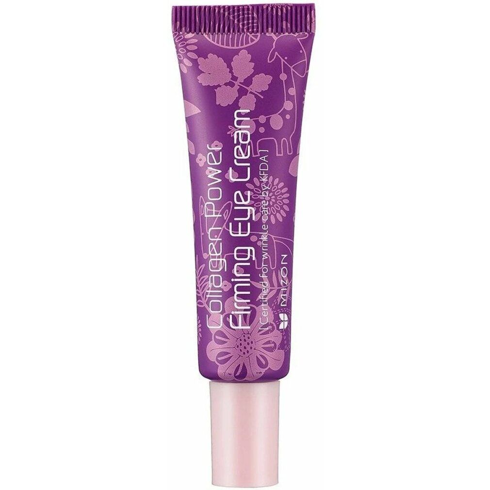 Paarse tube met bloemmotief. Gedrukt: Collagen Power Firming Eye Cream. Merk MIZON.