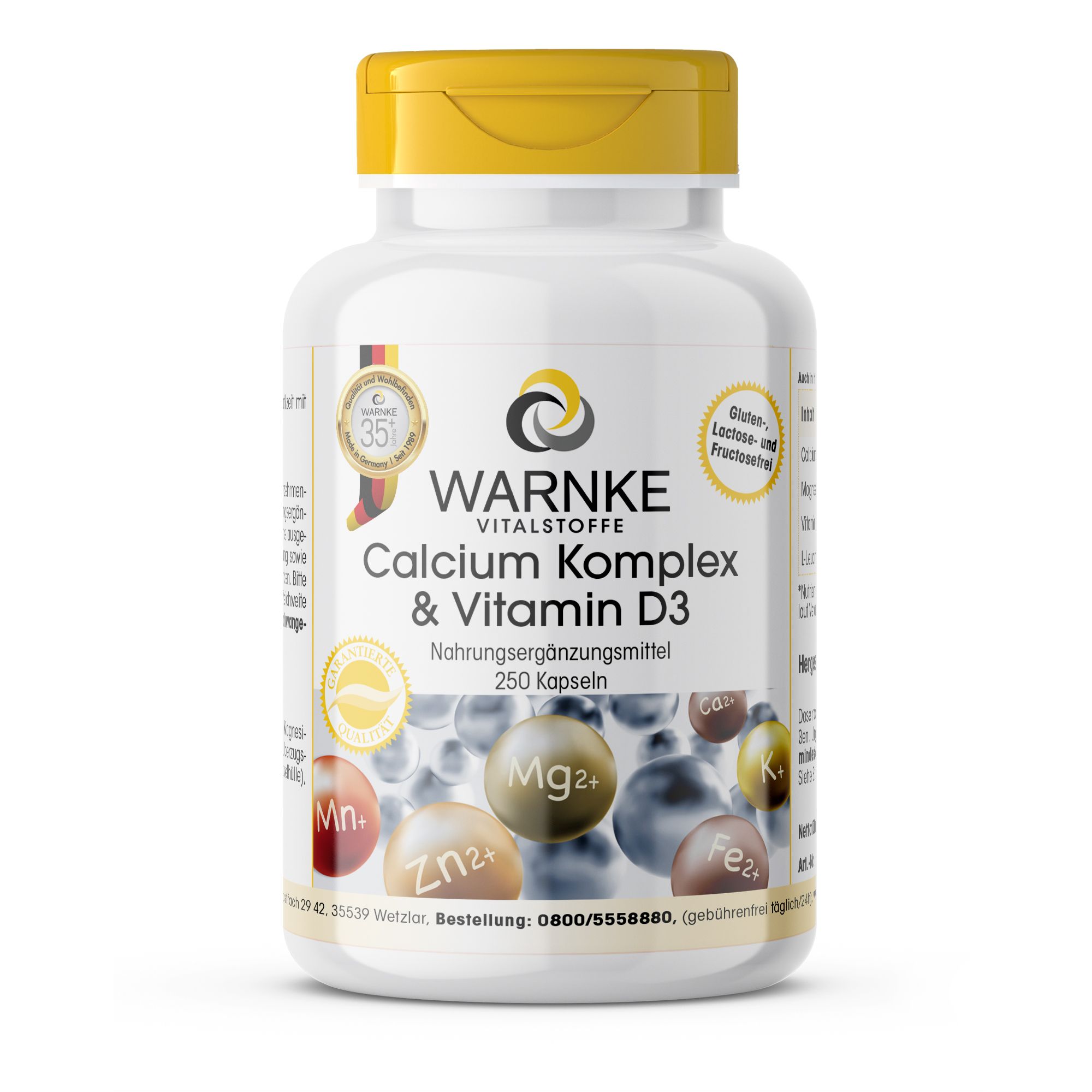 Witte fles met gele dop. Opschrift: Warnke Vitalstoffe Calcium Komplex & Vitamine D3. 250 capsules. Met certificeringen.