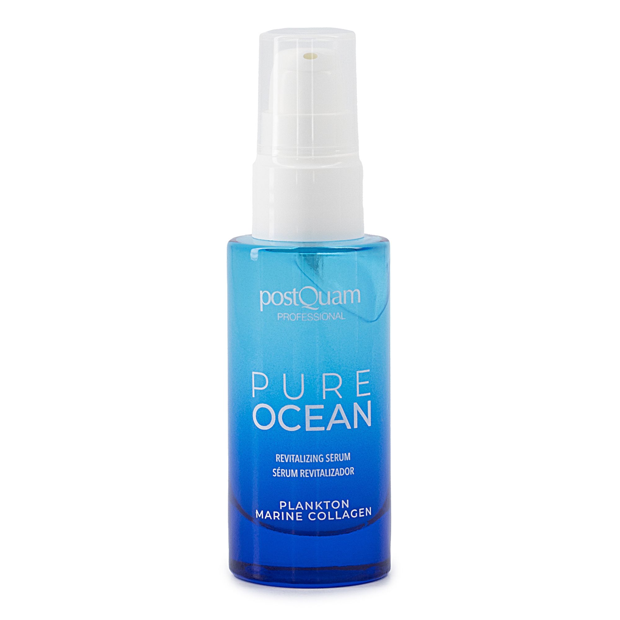 Serumfles met blauwe kleurovergang. Opschrift: Postquam Pure Ocean, Revitalizing Serum, Plankton Marine Collagen. Witte pompkop.