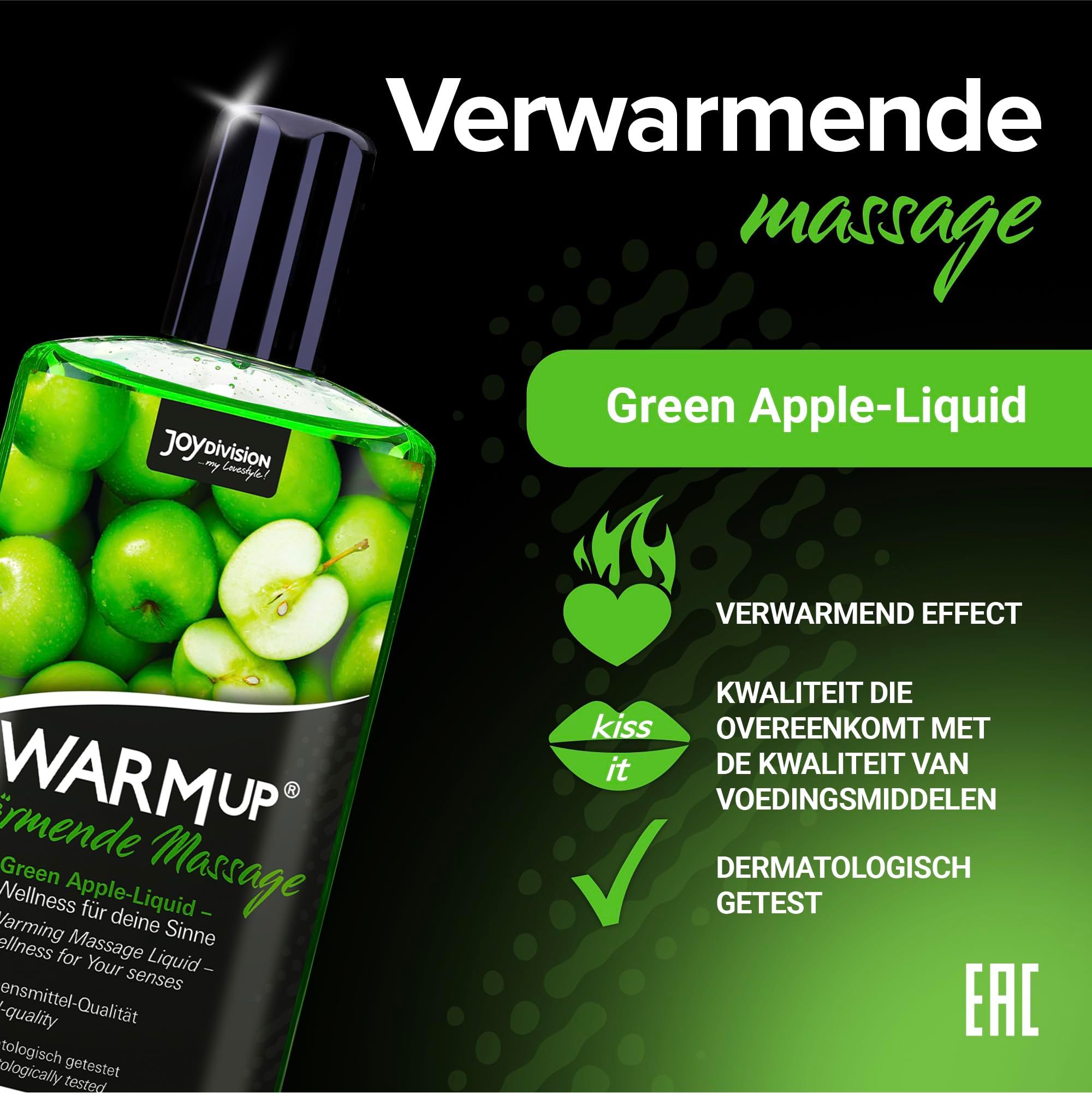 Fles WARMUP® Groene Appel Massage-Liquid met zwarte dop, appel-etiket en spatten.