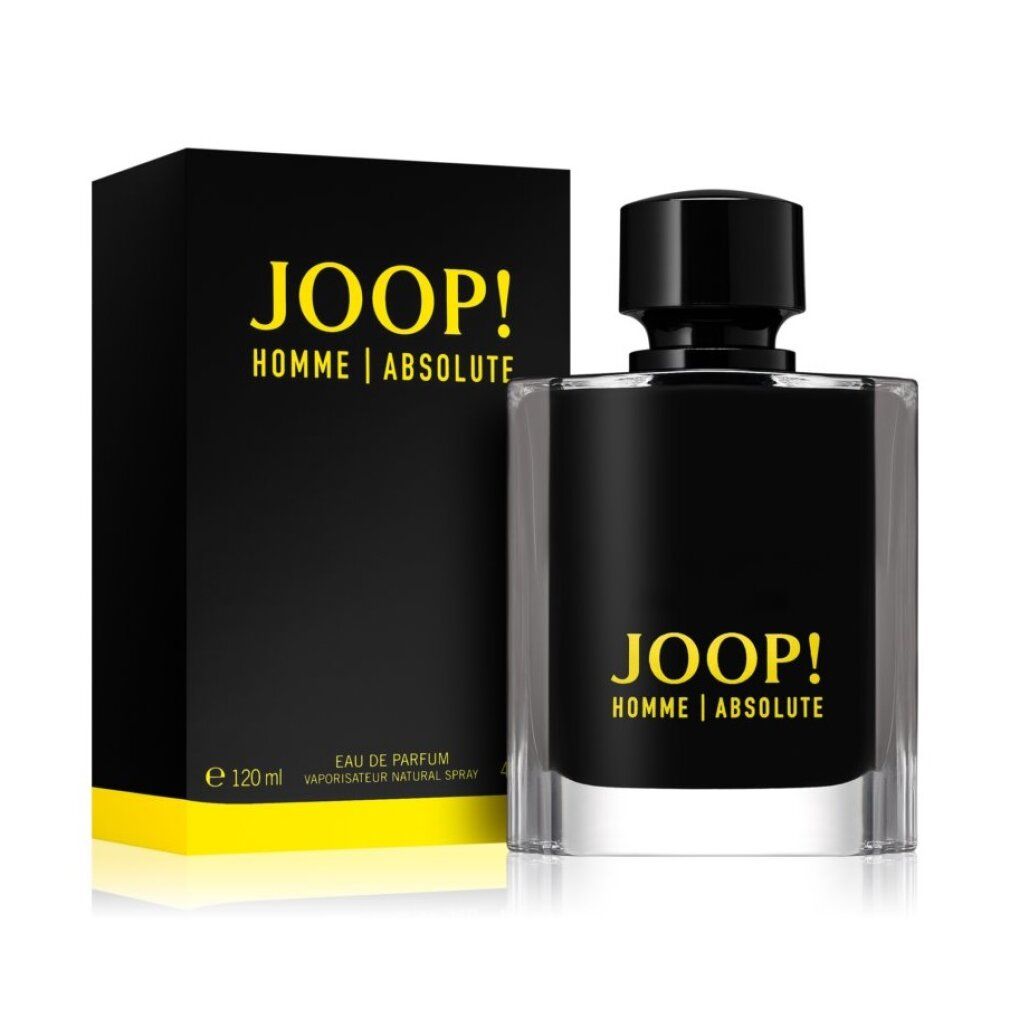 Boîte noire et flacon. Inscription jaune JOOP! HOMME | ABSOLUTE. Flacon: rectangulaire. Boîte: accents jaunes.