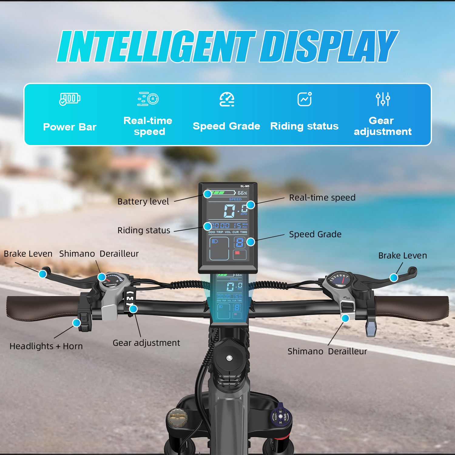 Gros plan sur le guidon d'un vélo électrique avec affichage intelligent. Affiche des informations telles que la vitesse et le niveau de la batterie.