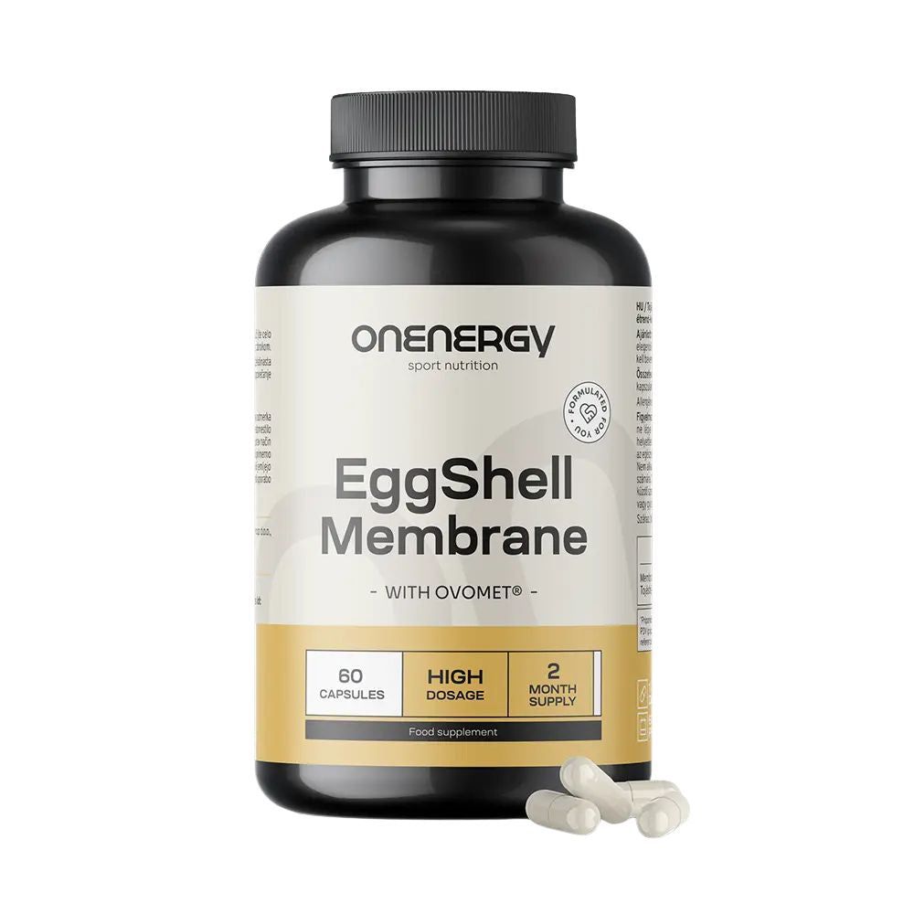 Zwarte fles met capsules. Opschrift: OnEnergy, EggShell Membrane, met Ovomet, 60 capsules, High Dosage, 2 Month Supply.
