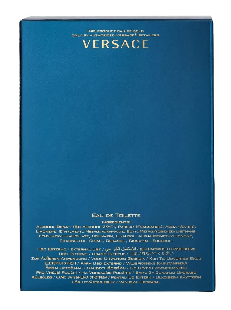 Boîte bleue avec ingrédients et texte multilingue. Inscription: VERSACE. Eau de Toilette.