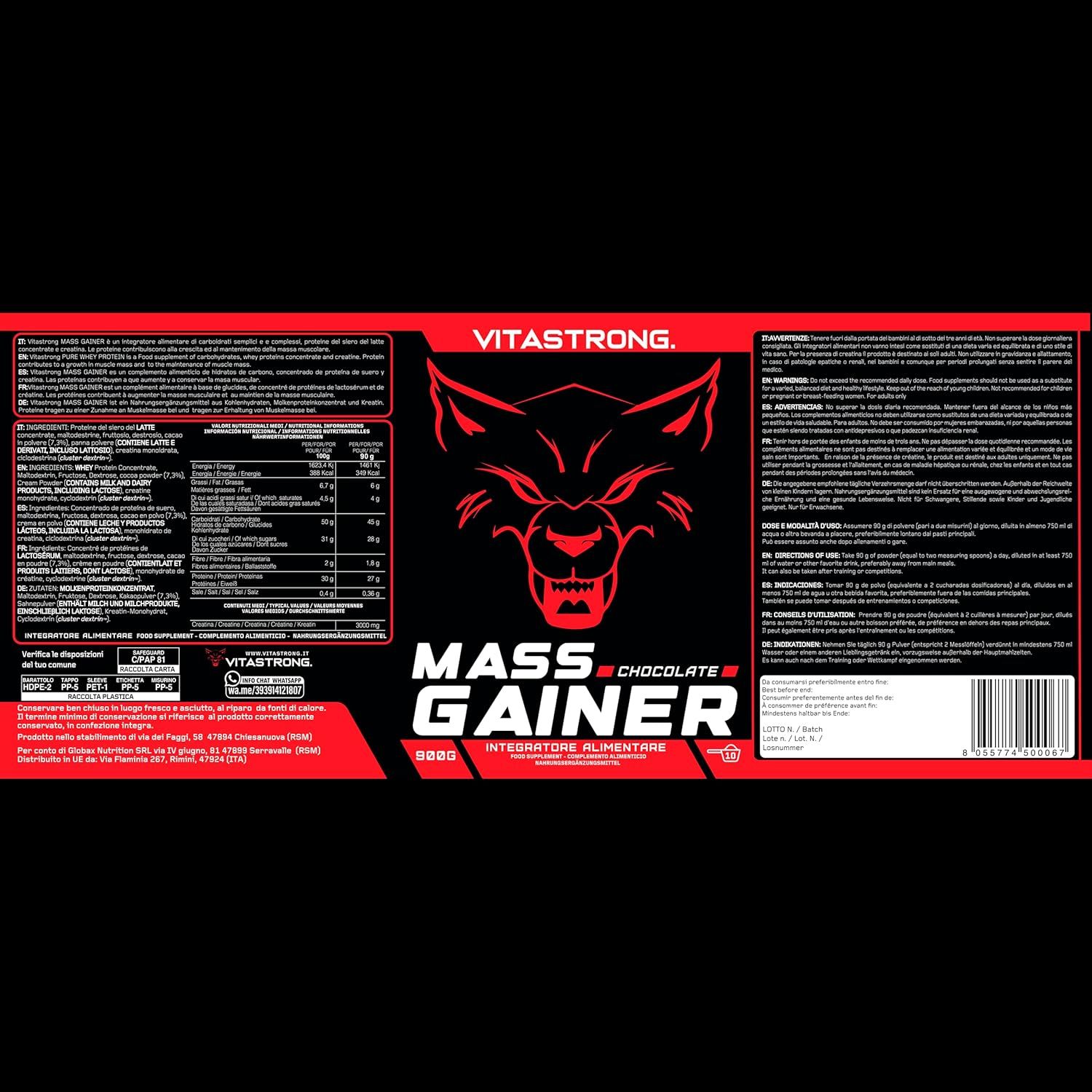 Étiquette Vitastrong Mass Gainer. Fond noir, design rouge. Contient des informations sur les ingrédients et la valeur nutritionnelle.