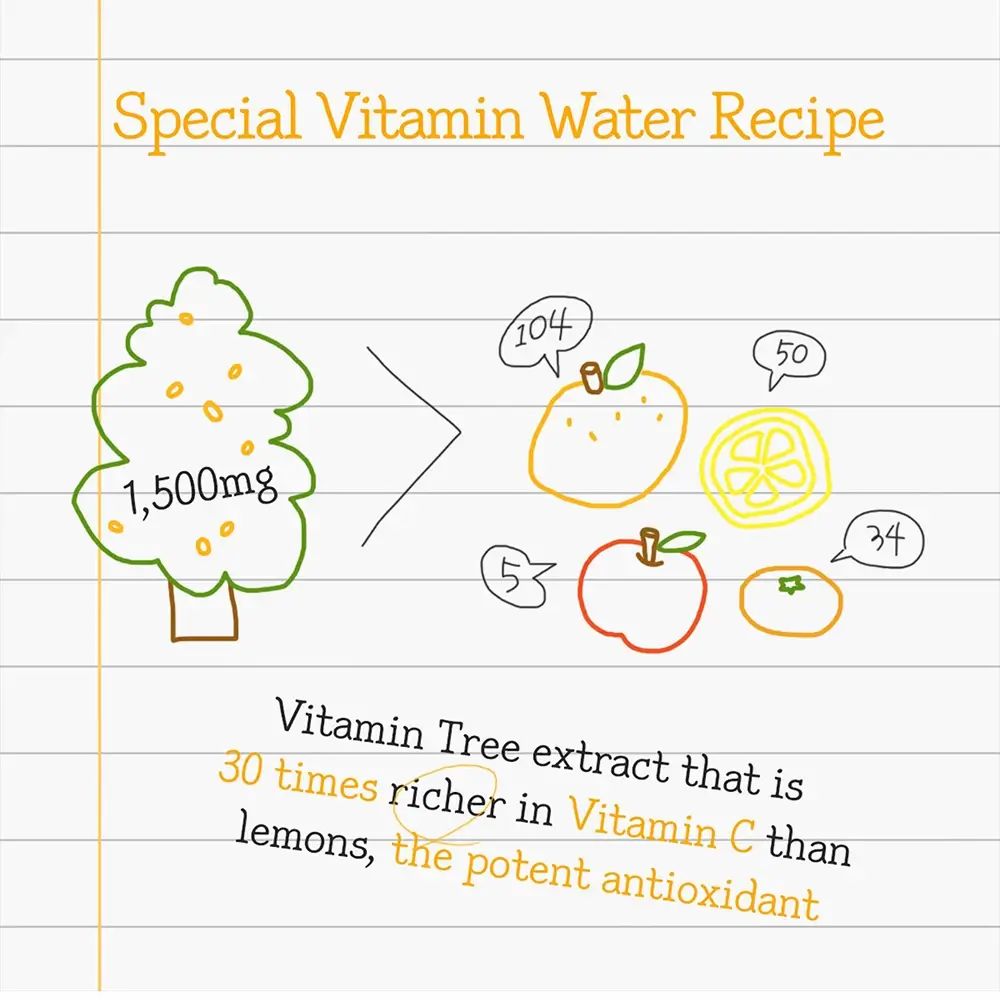 Handgetekende illustratie. Boom met 1.500mg, pijl naar fruit met getallen. Tekst: Vitamine Tree extract is 30x rijker aan vitamine C dan citroenen.