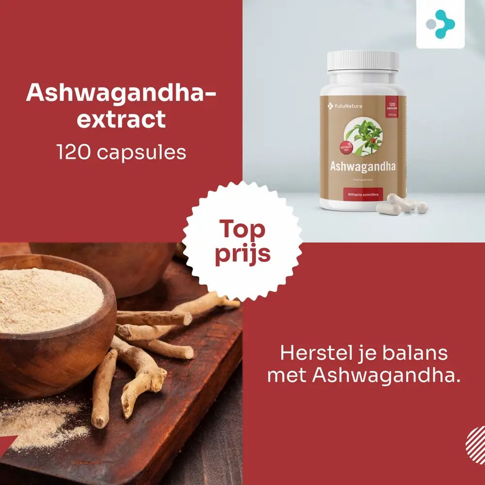 Fles ashwagandha-extract en capsules. Opschrift: Ashwagandha-extract, 120 capsules. Daarnaast: kenmerken en voordelen.