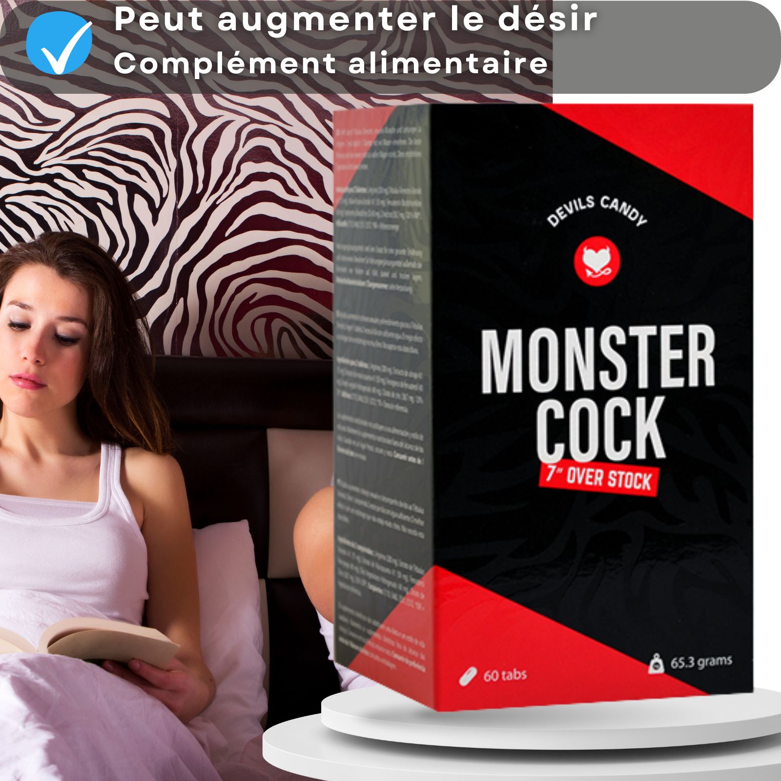 Femme lisant au lit. Boîte avec MONSTER COCK. Texte : Peut augmenter le désir.