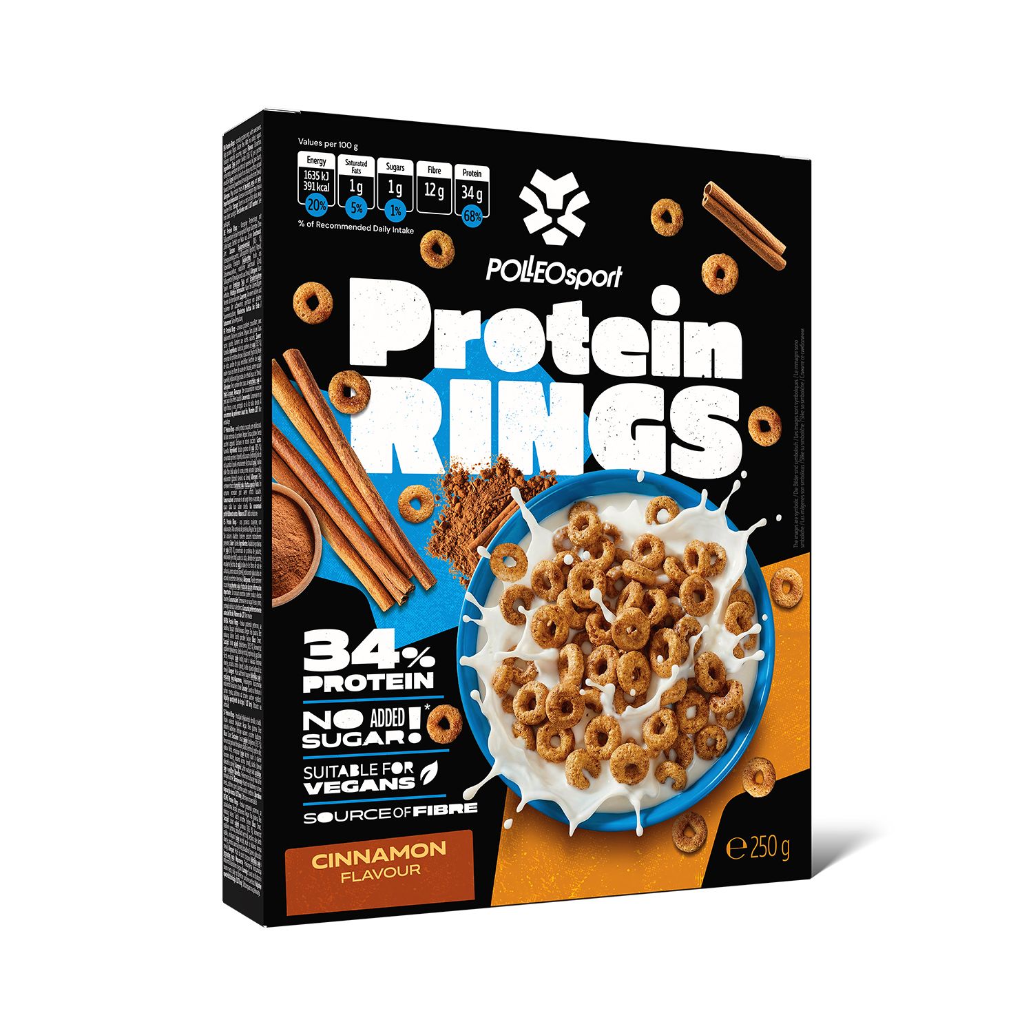 Verpakking Protein Rings. Opschrift: 34% eiwit, geen toegevoegde suiker, geschikt voor veganisten, kaneelsmaak. Merk: POLLEOsport.