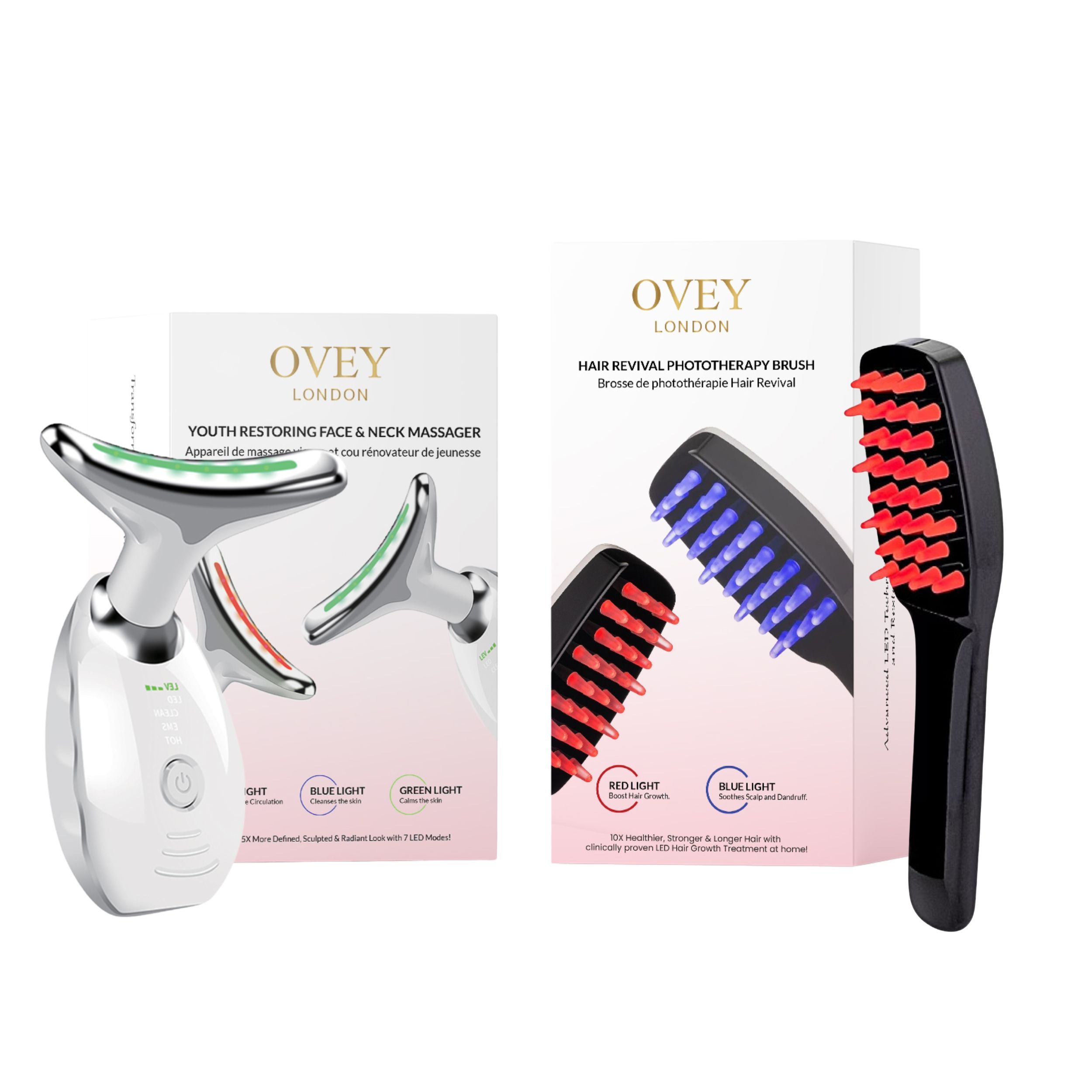 Twee productverpakkingen. Links: gezichtsmassager. Rechts: haarborstel met rode en blauwe LED's. Beide producten zijn wit verpakt.