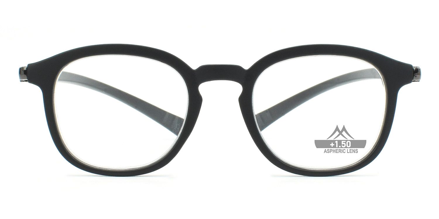 Lunettes noires à verres ronds. "+1.50 ASPHERIC LENS" est inscrit sur un verre.