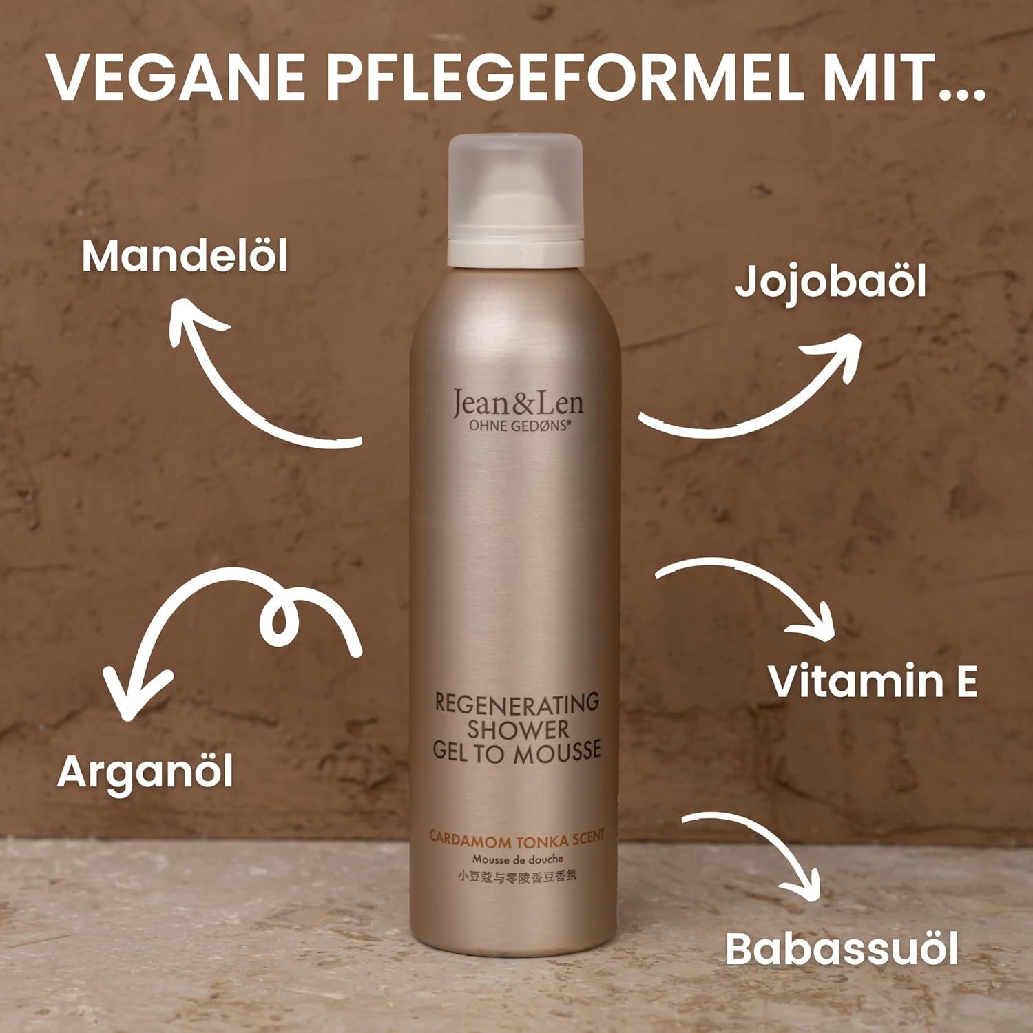 Beige fles met witte dop. Tekst: Jean & Len, Regenerating Shower Gel To Mousse. Pijlen naar oliën en vitamine E.