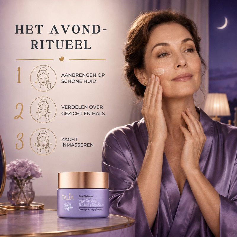 Pot nachtcrème 'Talia Time Challenger Age Defying Restoring Night Cream' met tekst over ingrediënten.