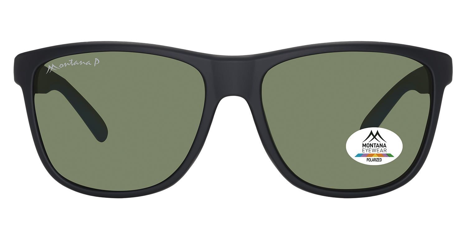 Lunettes de soleil noires avec verres verts. Logo Montana Eyewear sur la branche gauche et autocollant sur le verre droit. Polarisé.