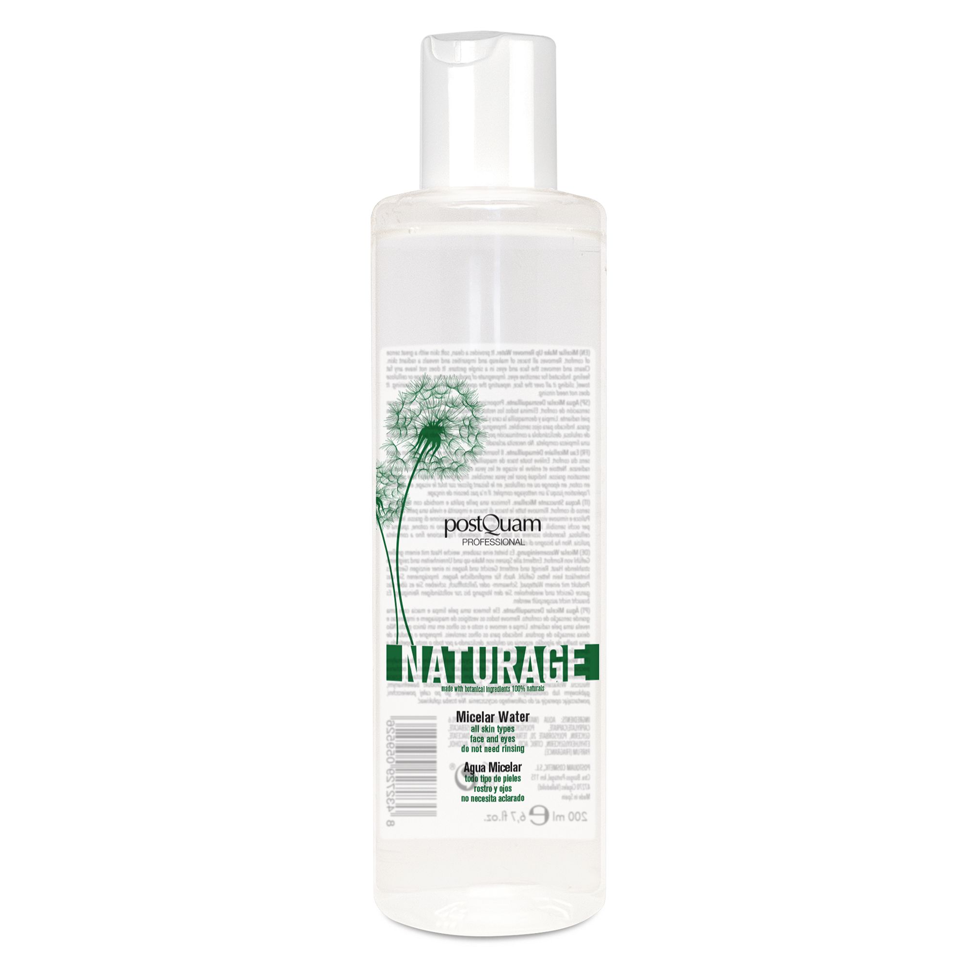 Flacon transparent avec bouchon blanc. Inscription : Naturage, Micellar Water, Postquam.